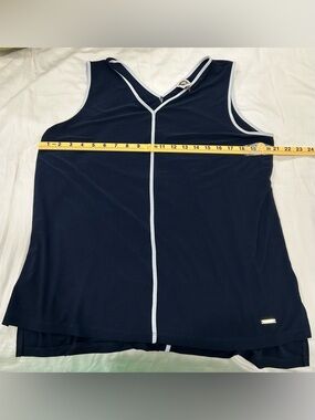 Vintage Anne Klein Sport Navy Sleeveless Blouse White Trim Dressy Top Size M